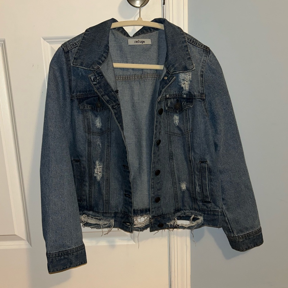 Charlotte Russe Refuge Ripped Denim Jean Jacket (Size Large)